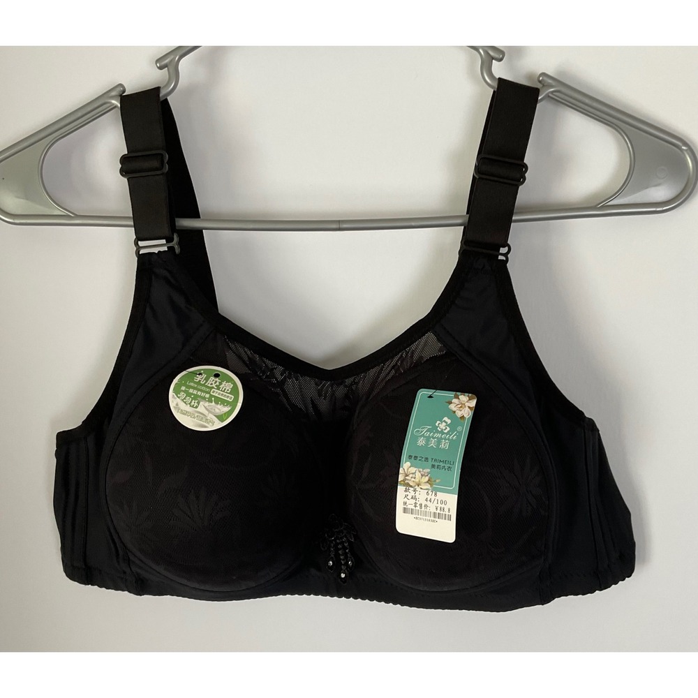 Taimeili Black Floral Lace Latex Cotton Bra Wide Strap 44/100 New with Tags